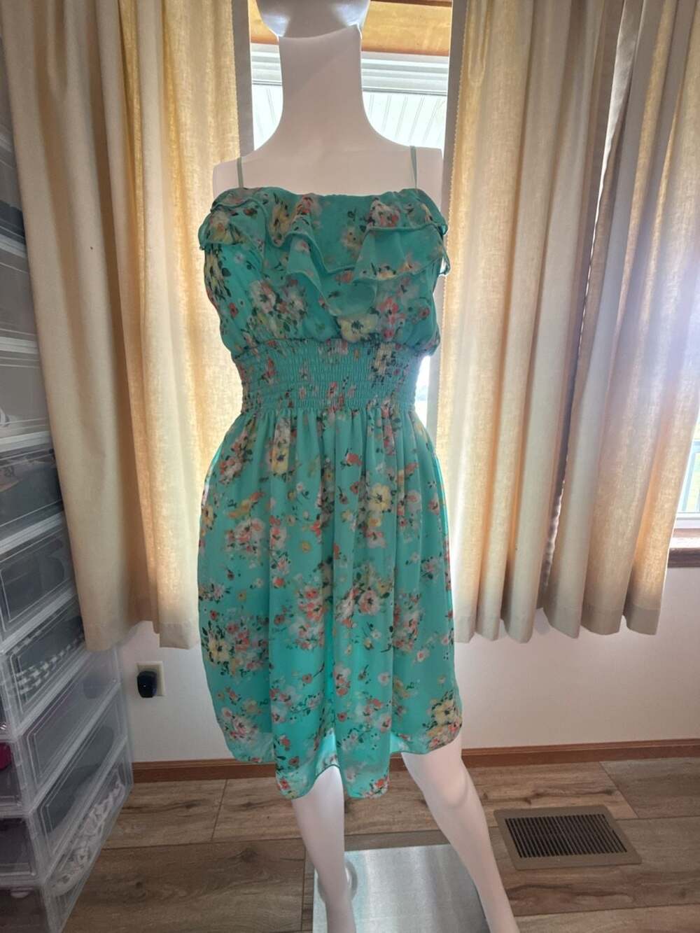 Body Central Floral Print Spaghetti Strap Ruffle Neck Smocked Waist Dress